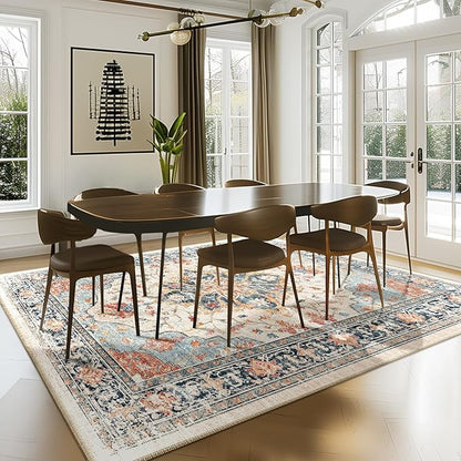 Area Rugs 7'x9' Washable Non-Slip, Floral Vintage Distress Print Pattern Medallion Carpet for Living Room Bedroom Dining Room, Beige Navy Blue Orange Colorful