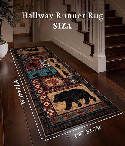Rustic Cabin Hallway Runner Rug 2'8"x8' - Bear Washable Rug, Non-Slip Low Pile Soft Farmhouse Carpet, Southwestern Wildlife Print Floor Runner Rugs for Kitchen, Entryway, Laundry, Bedroom