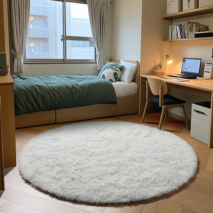 ONASAR Cream White Round Area Rug 4ft, Fluffy Ultra Soft Bedroom Circle Rugs Floor Mat for Kids Girls Boys Teen Room, Fuzzy Plush Shaggy Carpet for Nursery Living Room Playroom Dorm Home Decor