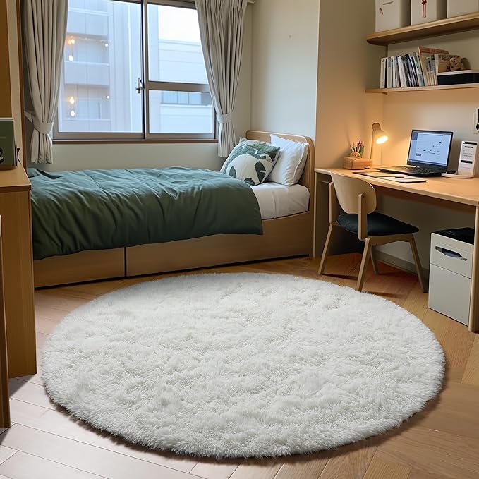ONASAR Cream White Round Rugs 7ft for Living Room, Ivory Fluffy Bedroom Circle Area Rug, Soft Plush Shaggy Carpet for Kids Girls Boys Teen Nursery Dorm Classroom Playroom Home Decor Aesthetic