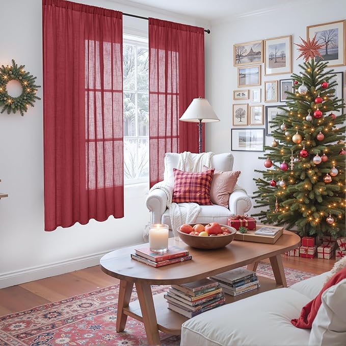 BGment Burgundy Linen Curtains 63 Inches Long for Living Room, Semi Sheer Window Drapes Textured for Bedroom Dining Light Filtering with Rod Pocket Lightweight, 2 Panels, Each 52 Inch Wide