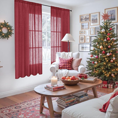 BGment Burgundy Linen Curtains 63 Inches Long for Living Room, Semi Sheer Window Drapes Textured for Bedroom Dining Light Filtering with Rod Pocket Lightweight, 2 Panels, Each 52 Inch Wide