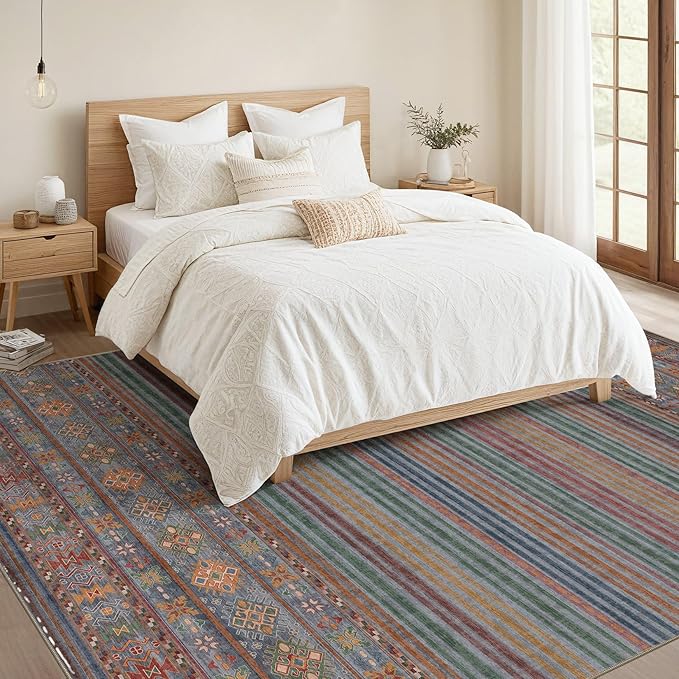 Nakagishi 6X9 Area Rugs Living Room: Washable Large Vintage Rug Neutral Non-Slip Soft Stain Resistant Indoor Carpet for Bedroom Nursery Dining Room Office Playroom - Multi Color
