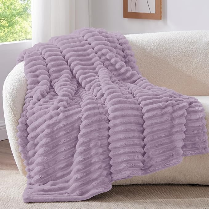 BEDELITE Twin Blanket for Couch & Bed, 300GSM Soft & Warm Fleece Blanket, Decorative and Giftable Striped Lilac Blankets for Women, Men, 60"x80"