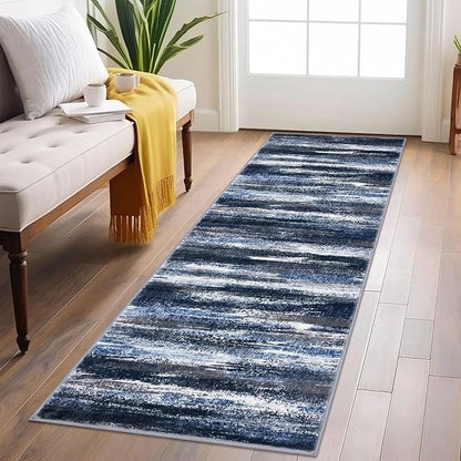 Lansny Modern Abstract Runner Rug 2x6, Navy Blue Washable Kitchen Runner Non-Slip Soft Hallway Rug Runner Thin Print Faux Wool Carpet for Entryway Bedroom Laundry Room Indoor Home Decor