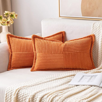 MIULEE Orange Decorative Lumbar Throw Pillow Covers for Couch Bed Livingroom 12x20 Inch Set of 2 Boho Accent Throw Pllows Broadside Striped Patchwork Soft Corduroy Pillowcases