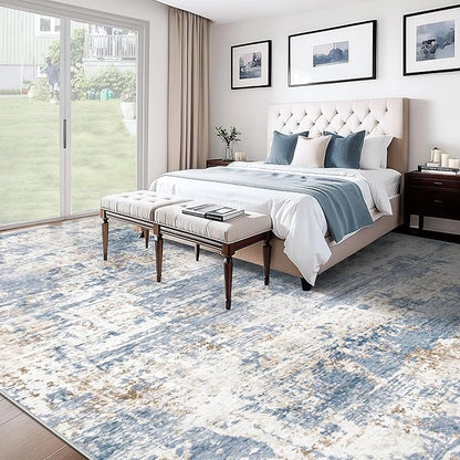 XLUEZ 10x12 Area Rug for Living Room, Washable Modern Abstract Large Area Rug Neutral Soft Non Slip Kids Rug Stain Resistant Indoor Carpet for Bedroom Dining Room Playroom Home Office(Blue, 10'x12')