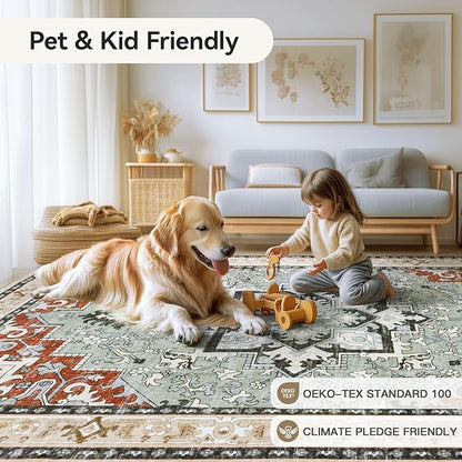 Lofus 9x12 Area Rugs for Living Room, Machine Washable Area Rug, Soft Large Rugs for Bedroom, Kitchen, Office and Indoor, Vintage Boho Carpet, Non-Slip Low Pile Carpets, Beige Orange