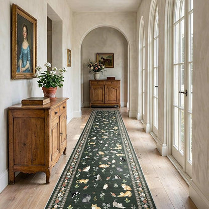 2x12 Washable Hallway Runner Rug - Soft Low Pile Floral Animal Cat Print Rugs with Non-Slip Backing Waterproof Stain-Resistant Indoor Carpet for Kitchen Entryway Bathroom Bedroom (Sage Green)