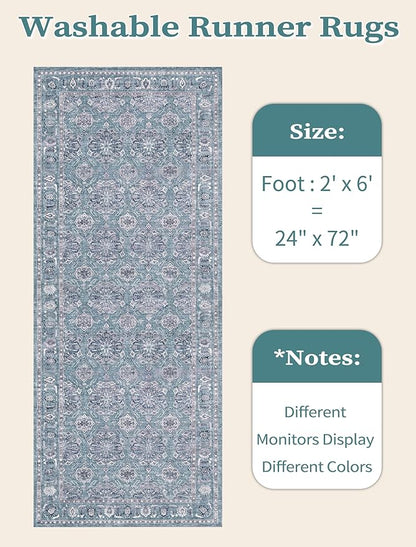 SERISSA Boho Washable Runner Rug, 2x6 Rug Non-Slip Vintage Floral Hallway Kitchen Runner Rug Ultra Soft Print Distressed Blue Grey Floor Carpet for Bedroom Bathroom Laundry Room