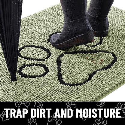 Smiry Dog Door Mat for Muddy Paws, Absorbent Dirt Trapper Non Slip Quick Dry Washable Chenille Mat for Mud Dogs, Entry Rug for Indoor and Outdoor (36x24 Inches, Sage Green and Black)