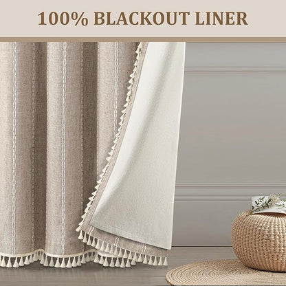 Brown Boho Blackout Curtains 2 Panels 84 Inch for Living Room Bedroom, Warm Taupe Linen Texture Farmhouse Curtains with Tassels and White Cotton Embroidery Vintage Rustic Country Western