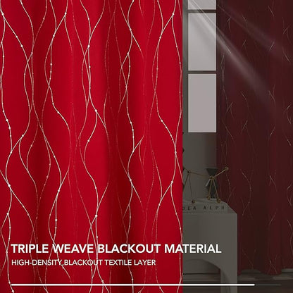 Deconovo Blackout Curtains, Christmas Red Curtain, Thermal Insulated Noise‑Reducing Drapes, Wave Line Dot Foil Print, 38 x 90 Inch, 2 Panels, Machine‑Washable Window Curtain for Party Home Decor