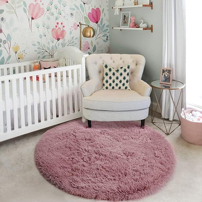 Amdrebio Blush Fluffy Round Rug 4Ft for Bedroom, Fuzzy Furry Circle Area Rugs for Kids Room Decor Aesthetic, Shaggy Circular Carpet for Girls Nursery Dorm Baby Teen, Cute Neutral Dusty Rose Mauve Rug