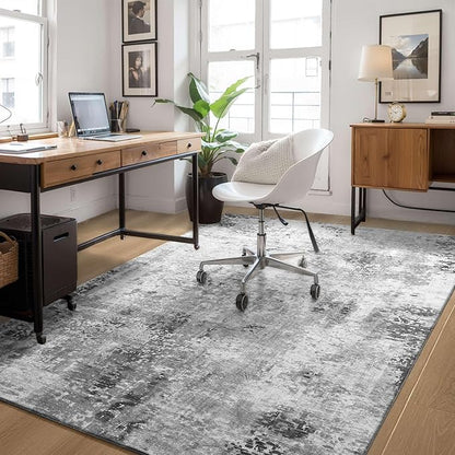 Living Room Rug 5x7 Gray Area Rug Machine Washable Boho Rug Non Slip Abstract Vintage Indoor Large Rugs for Bedroom, Classroom, College Dorm, Farmhouse, Dining Room, Kids Playroom