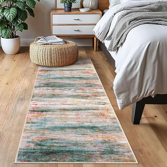 KOZYFLY Modern Abstract Kitchen Runner Rug, 2x6 Washable Rug Runner Non-Slip Soft Hallway Runner Rugs, Green Print Carpet Runner for Entryway Bathroom Laundry Room Foyer
