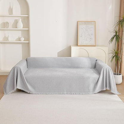 MYSKY HOME Chenille Sofa Cover for Dogs Cats Light Gery Couch Cover with Tassel Edge Farmhouse Furniture Protectors for Pets Thick Durable Sectional Couch Covers for 2 Cushion Couch, 71"x 102"