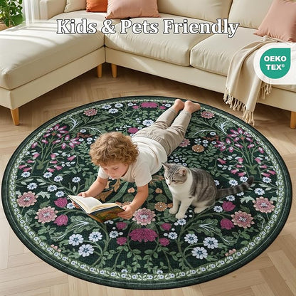Round Area Rug for Living Room: 6 ft Floral Washable Circle Rug Soft Boho Non-Slip Carpet Indoor Stain Resistant Low Pile Small Circular Rug for Bedroom Entryway Kitchen Nursery Home Office Dark Green