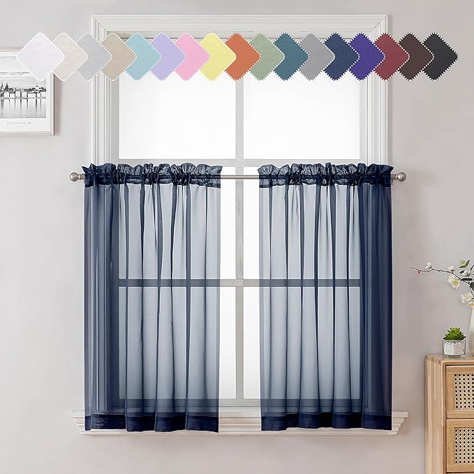 Lecloud Volie Sheer Curtains Blue Tiers 36 Inches Long 2 Pieces Set, Gauzy Solid Window Small Curtain for Bedroom Livng Room Bathroom Kitchen, Dual Rod Pockets Cupboard Tier Light Reducing 40x36 Inch