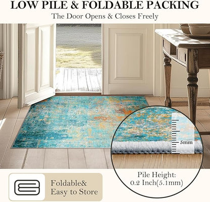 Washable Area Rugs 5'x8' Non-Slip Modern Abstract Soft for Living Room Entryway Bedroom Nursery, Print Pattern, Teal Blue Green Orange Rust Red Colorful