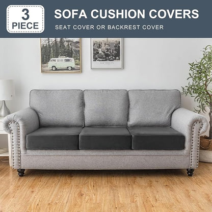 Couch Cover Stretch Velvet Sofa Cushion Cover 3-Piece - Elastic Washable Slipcover for Seat or Backrest, Couch Seat Covers for Sofas (Grey)