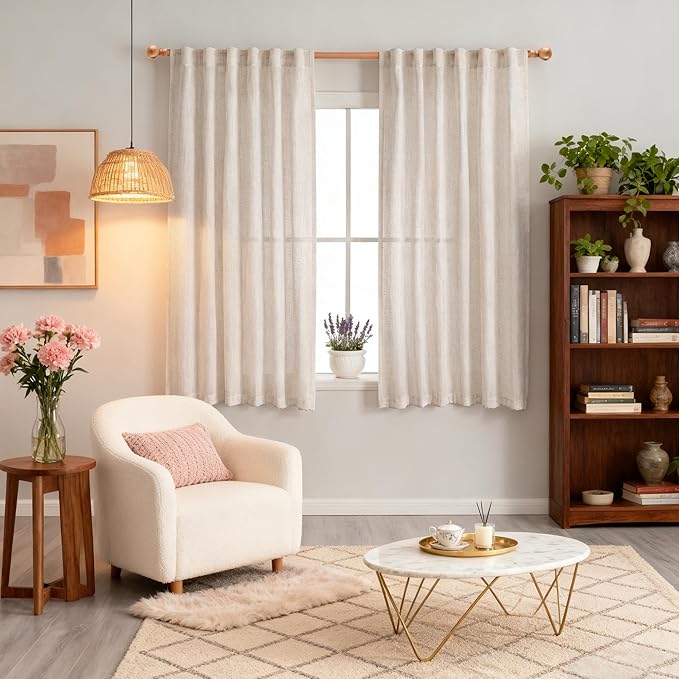 MYSKY HOME Natural Linen Sheer Curtains 63 Inch Length for Bedroom, Window Curtain Panels Light Filtering Privacy Drapes Set, Boho Farmhouse Style Texture Soft Touch, 50" x 63", Linen, 2 Panels