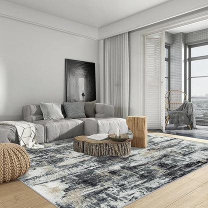 5x7 Area Rugs Washable Rug: Modern Abstract Living Room Rug Soft Anti-Skid Thin Carpet Indoor Floor Non-Shedding Carpets for Bedroom Dining Room Farmhouse Nursery Home Office Black Grey Gold