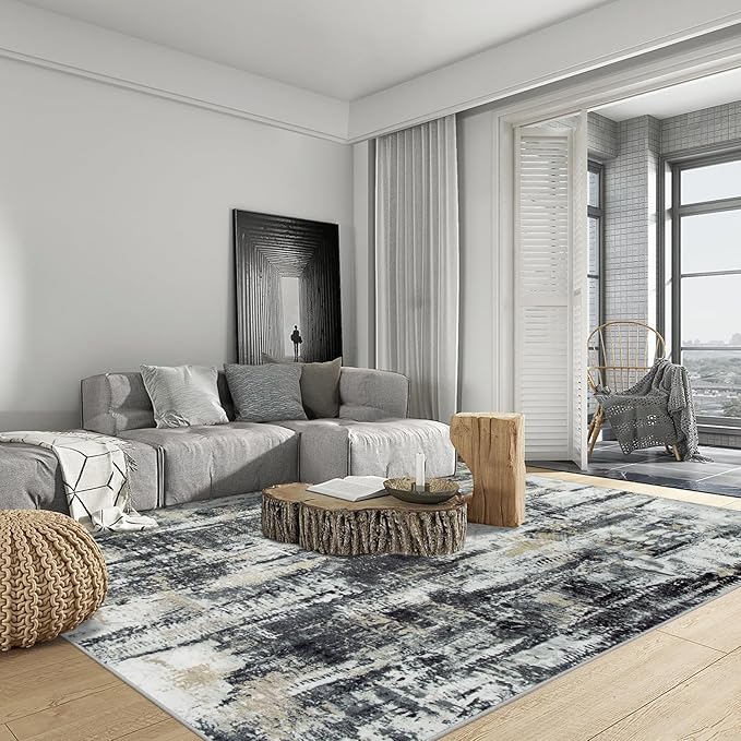 10x14 Area Rugs Washable Rug: Modern Abstract Living Room Rug Soft Anti-Skid Thin Carpet Indoor Floor Non-Shedding Carpets for Bedroom Dining Room Farmhouse Nursery Home Office Black Grey Gold