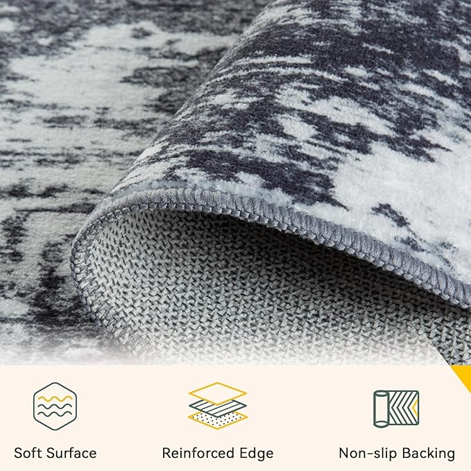 Washable Area Rugs 3'x5' Non-Slip Modern Abstract Soft for Living Room Entryway Bedroom Nursery, Print Pattern, Black Navy Blue Gray