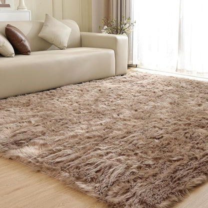 ORINOVA Fluffy Beige 8X10 Area Rug Faux Sheepskin Shaggy Fur Rug Washable for Living Room Bedroom Nursery Teen Room Home Décor