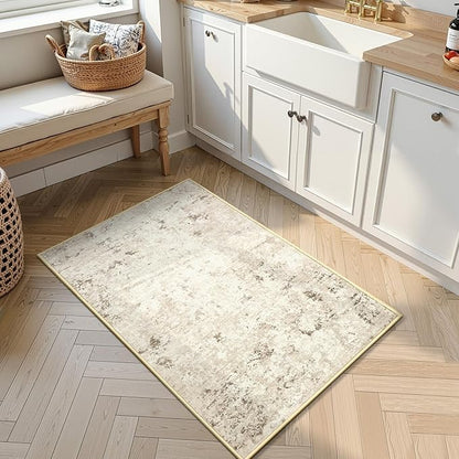 Toneed Entryway Rug 2x3 Door Mat for Indoor Entrance, Washable Small Throw Rug for Kitchen Floor, Front Door, Bedroom Bedside, Non-Slip Low Pile, Abstract Beige