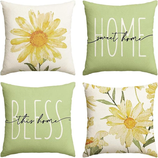 AVOIN colorlife Home Sweet Home Spring Summer Flowers Green Throw Pillow Covers, 16 x 16 Inch Cushion Case for Sofa Couch Set of 4