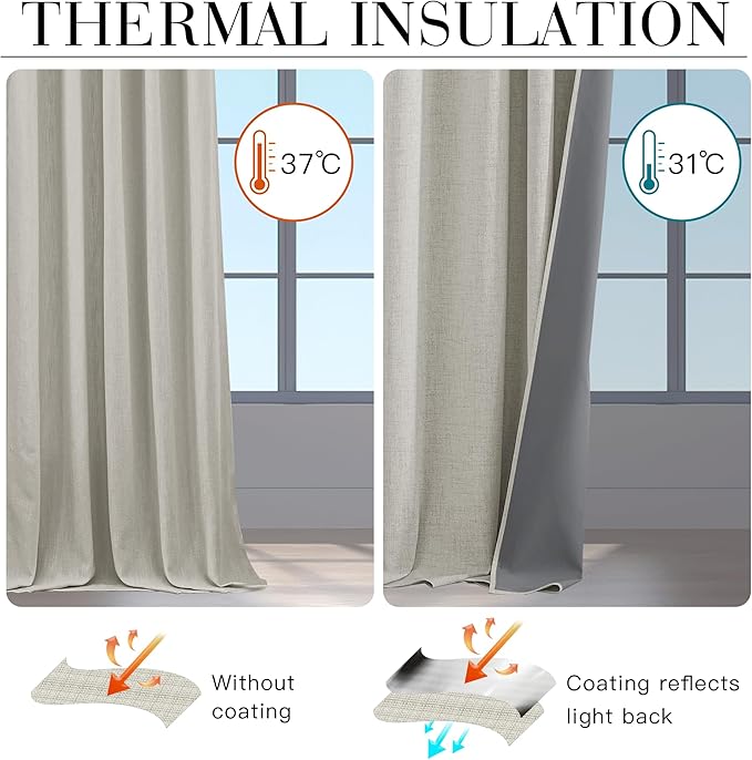 RYB HOME 100% Blackout Cream Curtains, Linen Texture Thermal Insulated Drapes for Bedroom/Living Room/Office/Nuesery, Privacy Farmhouse Full Blackout Window Treatment, W52xL84 Inch Long, 2 Panels