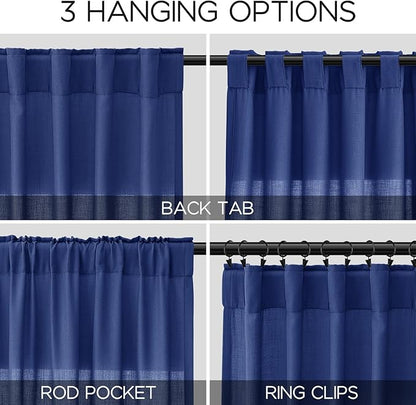 Extra Long Classic Blue Linen Curtains 120 Inch for Living Room 2 Panels Set Rod Pocket Back Tab Light Filtering Semi Sheer Linen Window Drapes Privacy High Ceiling Drapes for Farmhouse 52x120