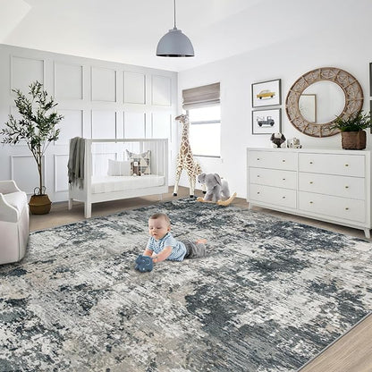 XLUEZ 8x10 Area Rugs for Living Room, Washable Modern Abstract Large Area Rug Neutral Soft Non Slip Kids Rug Stain Resistant Indoor Carpet for Bedroom Nursery Dining Room Playroom(GreyWhite, 8'x10')