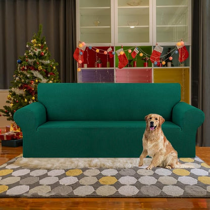 KEKUOU Stretch Sofa Cover Slipcover ，Couch Covers for 3 Cushion Couch Sofa pet Friendly (78"-94") Furniture Protector Sofa with Elastic Bottom for Kids,Dog, Jacquard Small Checked(Large,Hunter)