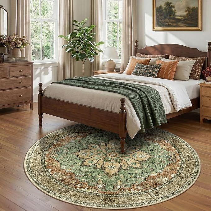 Area Rugs 7ft Washable Non-Slip, Floral Vintage Distress Print Pattern Medallion Carpet for Living Room Bedroom Dining Room, Brick Red Rust Neutral Brown Burnt Orange