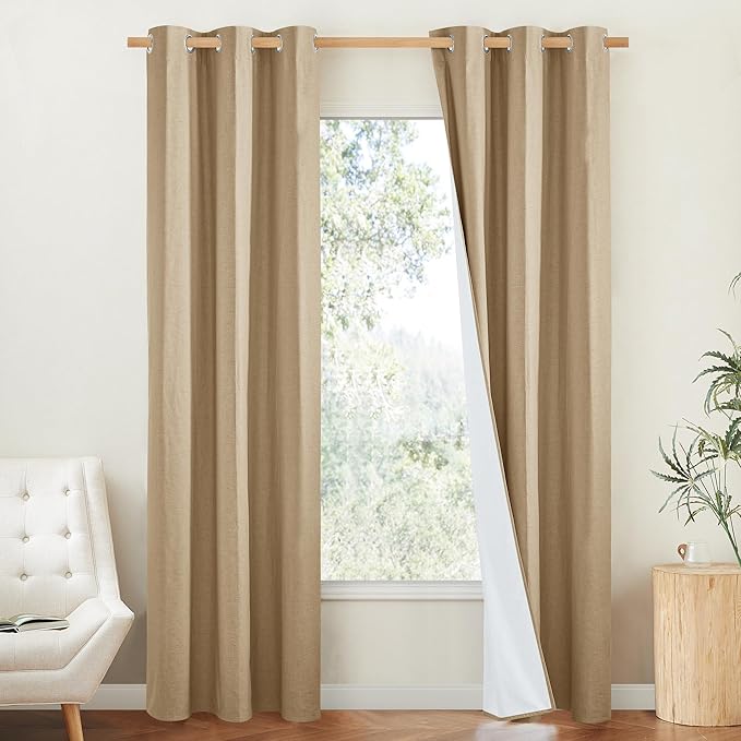NICETOWN 100% Absolutely Blackout Linen Curtains with Thermal Insulated White Liner, Camel, W42 x L90, 2 Panels, Long Curtains 90 inch Length for Patio Door, Doorway, Office, Overnight Shiftworker