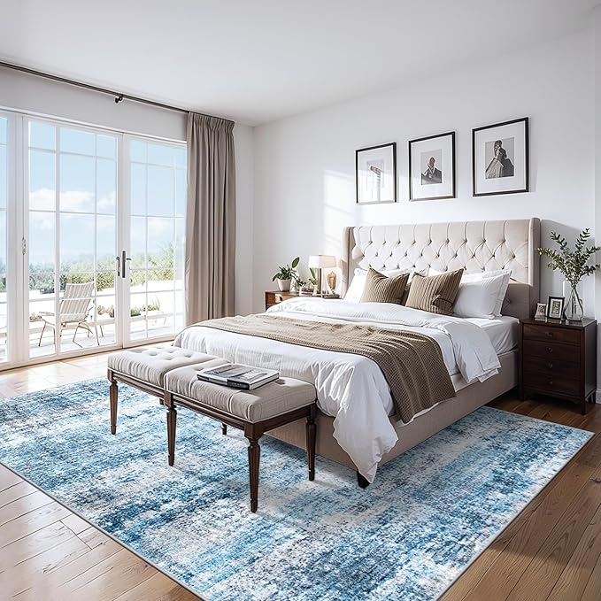 Area Rugs Living Room Rug - 5x7 Washable Modern Abstract Soft Neutral Non-Slip Carpet Large Indoor Floor Thin Carpets for Bedroom Dining Room Farmhouse Nursery Home Office Blue Grey