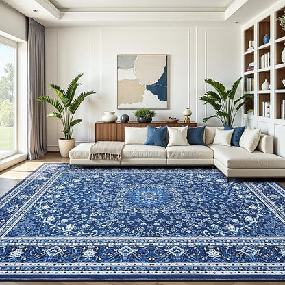 Lofus 8x10 Area Rugs for Living Room, Machine Washable Non-Slip Area Rug, Low Pile Large Rugs for Bedroom, Kitchen, Dining Room, Home Office, Vintage Oriental Print Rug, Dark Blue with White