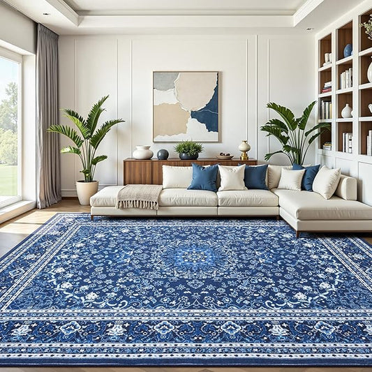 Lofus 8x10 Area Rugs for Living Room, Machine Washable Non-Slip Area Rug, Low Pile Large Rugs for Bedroom, Kitchen, Dining Room, Home Office, Vintage Oriental Print Rug, Dark Blue with White