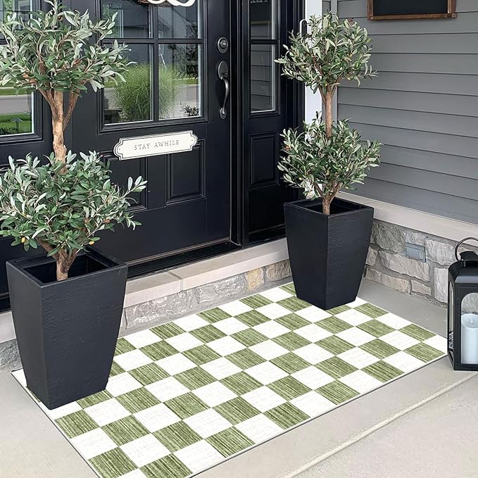 Front Door Mat Indoor Entrance - 2x4.3 Ft Green White Non-Slip Washable Doormat Outdoor Entrance Porch Rug Checkered Runner Rug for Kitchen Hallway Bedroom Laundry Room Porch Decor