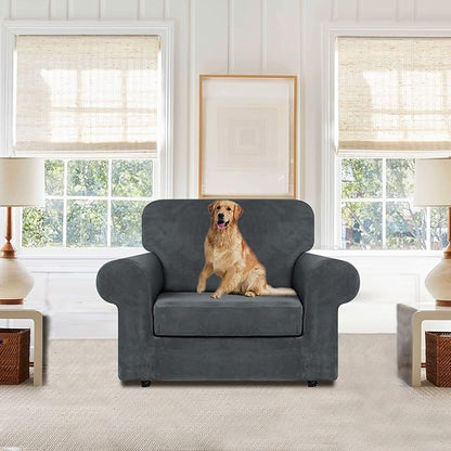 WEERRW Velvet Stretch Chair Sofa Slipcover - 2 Pieces Luxury Soft Velvet Plush Couch Cover Furniture Protector with Elastic Bottom for Pets, Machine Washable, Dark Gray, Small