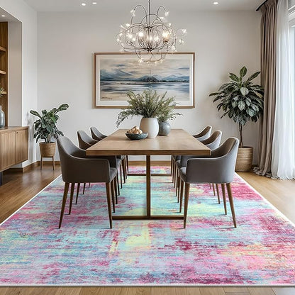 IOHOUZE Abstract Area Rugs 8x10 Ft Washable Large Rugs for Living Room, Non Slip Dining Room Rug, Printed Faux Wool Rugs for Bedroom, Floor Carpet for Office Nursery Playroom, Pink Teal