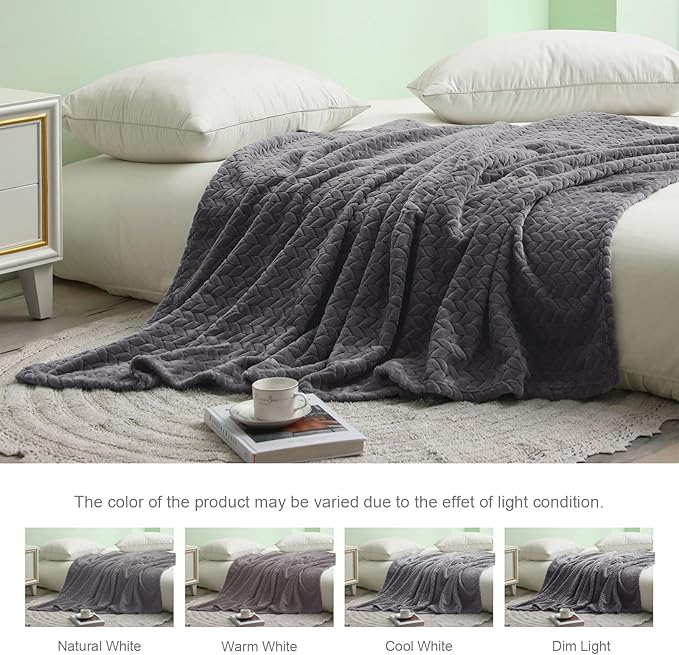 Exclusivo Mezcla Fleece Queen Size Blanket for Bed, 90x90 Inches Soft Cozy Jacquard Flannel Blankets, Lightweight Fuzzy Plush Warm for Women, Dark Grey