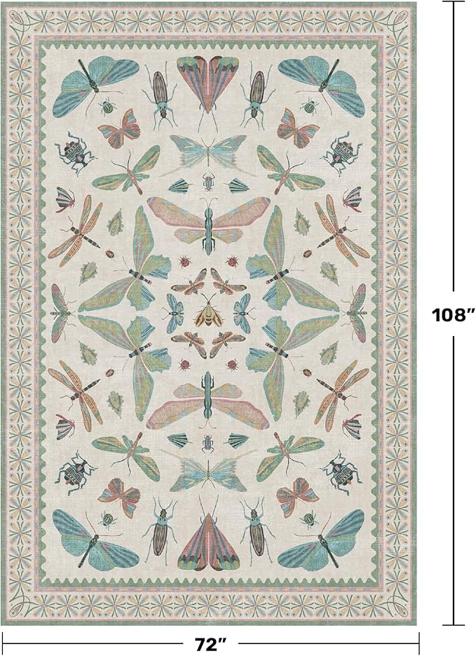 Hazo Haus Sage Green Rugs for Bedroom Under Bed - 6x9 Area Rug for Living Room, Dining Room, Kids Playroom, Fun Insect Cute Décor,Ultra Soft Non Slip Stain Resistant