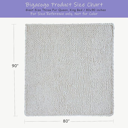 Bigacogo Chunky Knit Throw Blanket for Couch, 80x90 inches, 100% Hand Knitted with Thick Jumbo Chenille Yarn, Cozy Soft Large Rope Knot Cable Crochet Blankets for Sofa Bed Living Room, Ivory