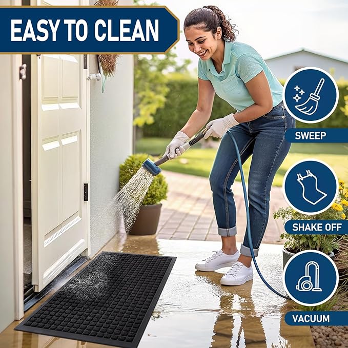 Smiry Front Door Mat Outside Entrance, Heavy Duty Natural Rubber Doormat, Non Slip, Trap Dirt and Moisture, Easy Clean, Low Profile Welcome Floor Mats for Indoor Outdoor Entry, 29.5x17 Inch, Black