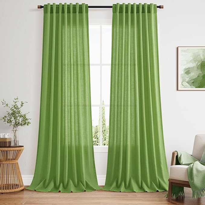 Nanspring Lime Green Linen Blend Light Filtering Back Tab Curtains 102 Inches Long, Semi Sheer Privacy Drapes for Living Room & Bedroom, 52x102 inch, 2 Panels