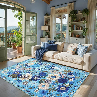 Area Rug 4x6 Rug Washable Boho Rugs Non Slip Low Pile Floral Small Carpet for Bedroom, Bedside, Kids Room, Office, Dining Room(Blue Garden, 4 x 6)